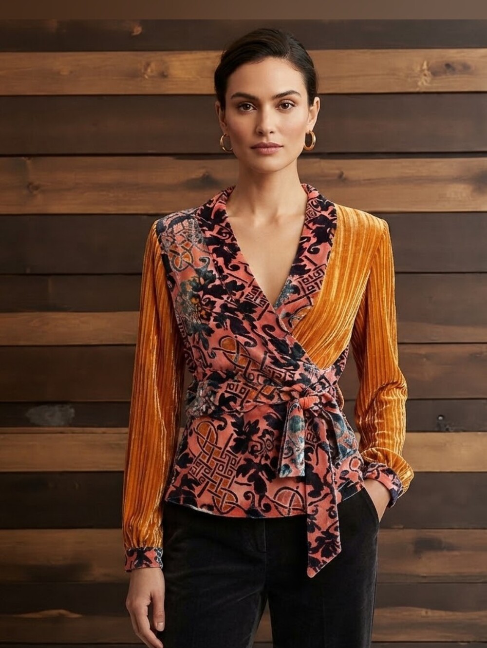 Anthropologie Moulinette Soeurs Rust and Gold Velvet Wrap Blouse Size S